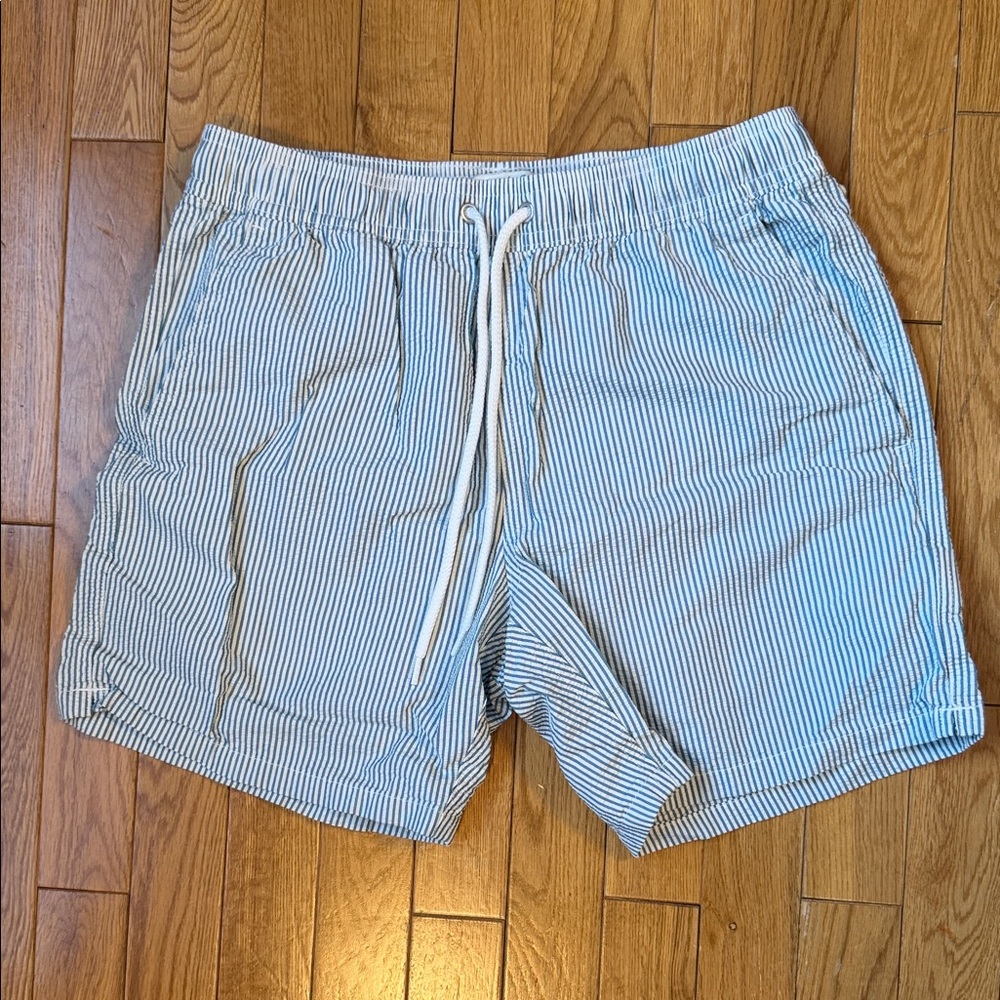 J. Crew Green and White Searsucker Swim Trunks